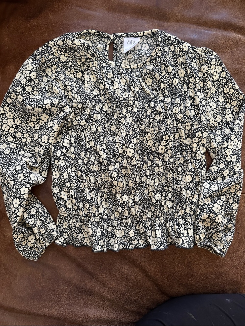 Zara Black and Cream Floral Smocked Top